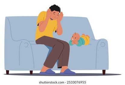 Father Enjoying Playtime With His Newborn Baby On A Comfortable Sofa Showing Bonding And Care. Father Character Playing Peekaboo With Newborn Baby On The Sofa. Cartoon People Vector Illustration