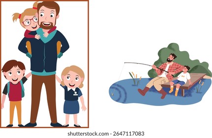 Um pai desfruta de um tempo de qualidade com seus filhos, carregando um em suas costas e segurando as mãos com outros dois, enquanto outra cena mostra-o pescando com seu filho em um lago.