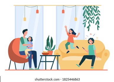 Father entertaining three kids at home. Happy children playing games and having fun with their dad. Flat vector illustration for single parents, family, fatherhood concept