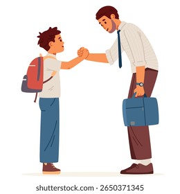 O pai acompanha o filho da escola primária de uniforme com a mochila antes do trabalho ou encontra-o da escola apertando as mãos na ilustração plana do vetor isolado no branco.
