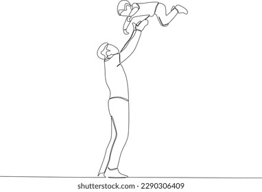 A father is excited to play with his son. Father's Day one-line drawing