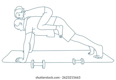 Padre ejercitándose en una alfombra de ejercicio con flexión.