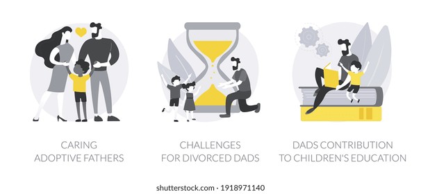 Father in family abstract concept vector illustration set. Caring adoptive fathers, challenges for divorced dads, contribution to childrens education, foster care, child custody abstract metaphor.