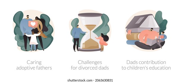 Father in family abstract concept vector illustration set. Caring adoptive fathers, challenges for divorced dads, contribution to childrens education, foster care, child custody abstract metaphor.