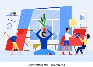 Father family time with children at home vector illustration. Cartoon flat dad character relaxing and keeping calm, doing yoga in lotus asana, while naughty kids playing, happy fatherhood background