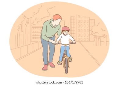 Father, Fathers day, activities with children concept. Young positive man father teaching his little smiling son to ride bicycle during walk in park in summer vector illustration 