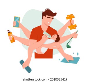 Der junge Vater ernährt das Baby aus einer Flasche. Multitasking-Menschen-Jonglier-Aufgaben. Vatertag, Vektorgrafik in flachem Stil.
