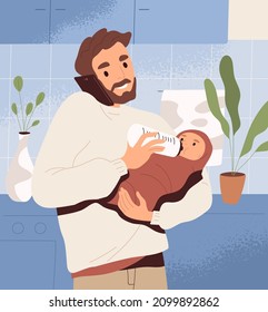 Father feeding baby with milk in bottle. Dad with newborn child in hands. Happy man daddy holding infant and speaking on mobile phone. Paternity leave and childcare concept. Flat vector illustration