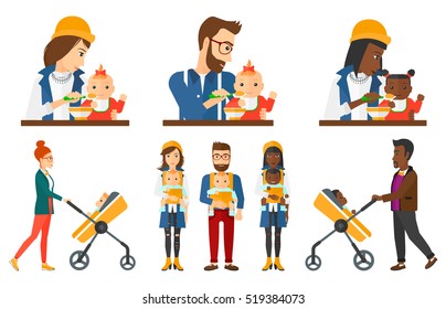 Father feeding baby with spoon. Young father teaching baby to eat with spoon. Mother spoon-feeding her baby. Mother nursing baby. Set of vector flat design illustrations isolated on white background.