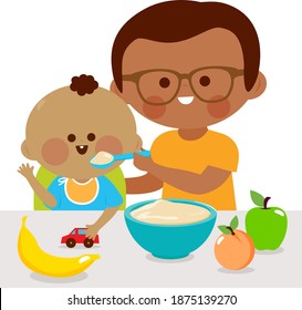 Father feeding his baby a bowl of cereal and fruit. Vector illustration