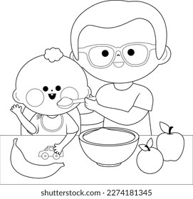 Father feeding his baby a bowl of cereal and fruit. Vector black and white coloring page