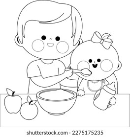 Father feeding his baby a bowl of cereal and fruit. Vector black and white coloring page.