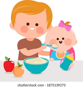 Father feeding his baby girl her breakfast of cereal and fruits. Vector illustration