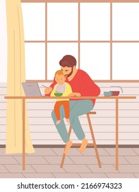 Father feeding his baby son, sitting on chair at table in kitchen room. Holding hands with spoon going to mouth. Dad talks to kid, tells him fairy tale or shows cartoon. Happy family, child care