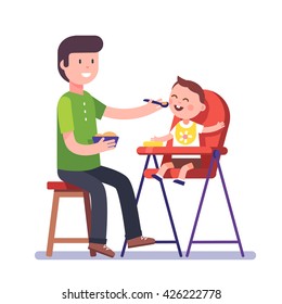 Father feeding his baby son sitting on kids eating chair. Holding hands with spoon going to mouth. Modern flat style vector illustration cartoon clipart.