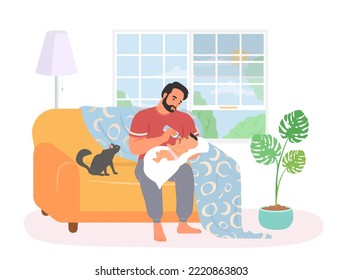 Father feeding newborn baby with bottled milk vector. Cartoon man holding infant child sitting on sofa at home illustration. Fatherhood and paternity. Young dad spending time with child