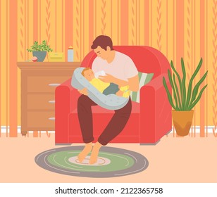 Father feeds baby with milk. Dad holds bottle of liquid and gives it to child. Nutrition and baby care process concept. Man holds kid in his arms and gives food. Parent takes care of little son