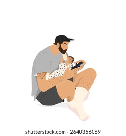 Father feeds his child and plays console