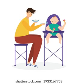 Father feeds his child, who is sitting in a baby safety chair, flat vector illustration isolated on white background. Responsible and caring father cartoon character.