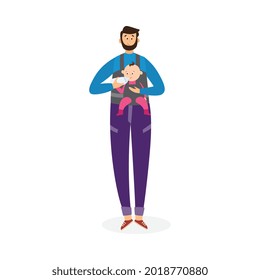 Father feeds his child, who is sitting in a baby carrier, flat vector illustration on white background. Raising and fatherhood. Caring father cartoon character.