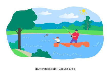 father fisherman and son fishing catching a  fish on a boat on the lake vector illustration