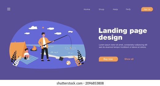 Father fishing on beach with his little son. Flat vector illustration. Young man and boy spending time in tent on shore, making bonfire. Childhood, nature, fatherhood, travel, hike, tourism concept