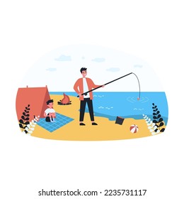 Father fishing on beach with his little son. Flat vector illustration. Young man and boy spending time in tent on shore, making bonfire. Childhood, nature, fatherhood concept