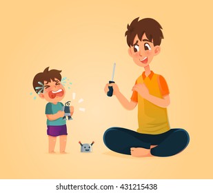 Father fixes robot while son is crying, Vector illustration.