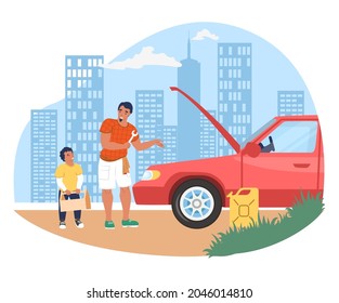 Father fixing broken car with his son holding toolbox, flat vector illustration. Happy dad and kid spending time together. Parent child relationship, happy fatherhood and parenting.