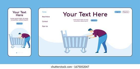 Father fixing cradle adaptive landing page flat color vector template. Handyman mobile and PC homepage layout. Repairman one page website UI. Home repairs webpage cross platform design