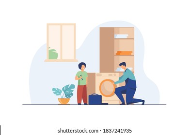 Father fixing washing machine and child helping him. Occupation, bathroom. Flat vector illustration. Repair service concept can be used for presentations, banner, website design, landing web page