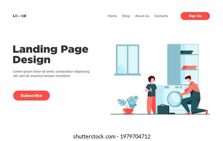 Father fixing washing machine and child helping him. Occupation, bathroom. Flat vector illustration. Repair service concept can be used for presentations, banner, website design, landing web page