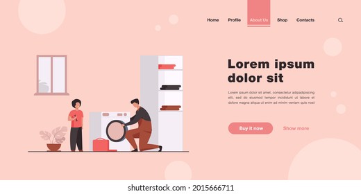 Father fixing washing machine and child helping him. Occupation, bathroom. Flat vector illustration. Repair service concept can be used for presentations, banner, website design, landing web page