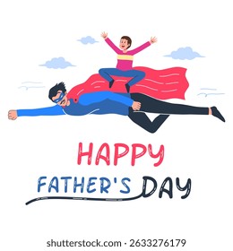 father flying with son like a superhero. Illustration of father and son togetherness in celebrating happy father's day. Vector isolated on white background