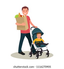 Father with food bag and baby in a stroller.