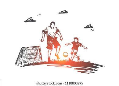 Father, football, son, play, parent concept. Hand drawn dad playing football with son concept sketch. Isolated vector illustration.