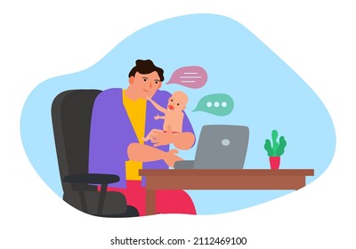 father freelancer working from home using laptop holding baby vector illustration