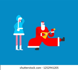 Father Frost dancing.  Russian Santa Claus. Snow Maiden is experiencing Spanish shame. Drunk cheerful grandfather. Traditional New Year in Russia
