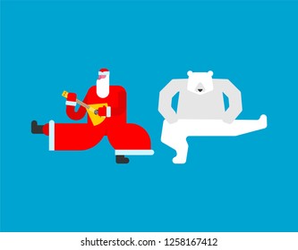 Father Frost folk dancing and polar bear. Russian Santa Claus. Traditional New Year in Russia
