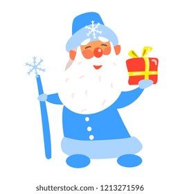Father Frost with a Present, Flat Vector