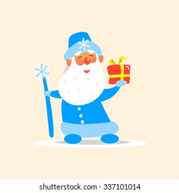 Father Frost with a Present, Flat Vector Illustration
