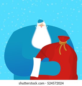 Father frost Russian Santa Claus. Great grandfather in blue suit and big red bag with gifts for children. National folk hero New Year. Character for Christmas in Russia.
