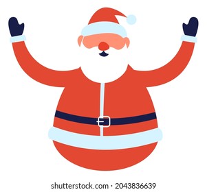 Father frost, saint nicholas or santa claus wearing traditional costume with belt and hat. Isolated winter character, new year and christmas greetings and fun celebration. Vector in flat style