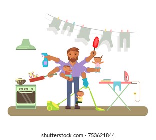 Father in funny cartoon style for infographic. Homemaker is cleaning, ironing, cooking, wash and child rearing. Fatherhood raising children. Vector illustration.