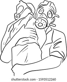 father with gas mask holding his child vector illustration sketch doodle hand drawn with black lines isolated on white background