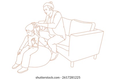 A father gently braids his young daughter's hair