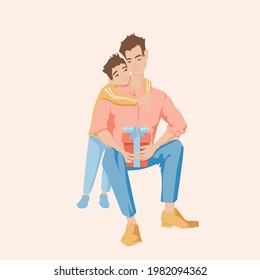 Father Gets Present from his Son. Bonding Parent. Vector illustration isolated on white background. 