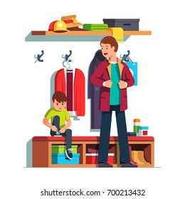 Father getting dressed putting on jacket or coat, son sitting tying sneaker shoes laces. Dad & kid dressing clothes in hall together. Home hallway interior. Flat vector isolated illustration.