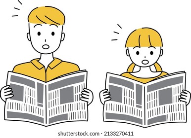 Father and girl surprised to read the newspaper