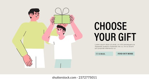 Father give birthday gift box to his son. Father or brother surprise boy with birthday present. Vector illustration of family holiday celebration. Happy children and parents celebrate together.